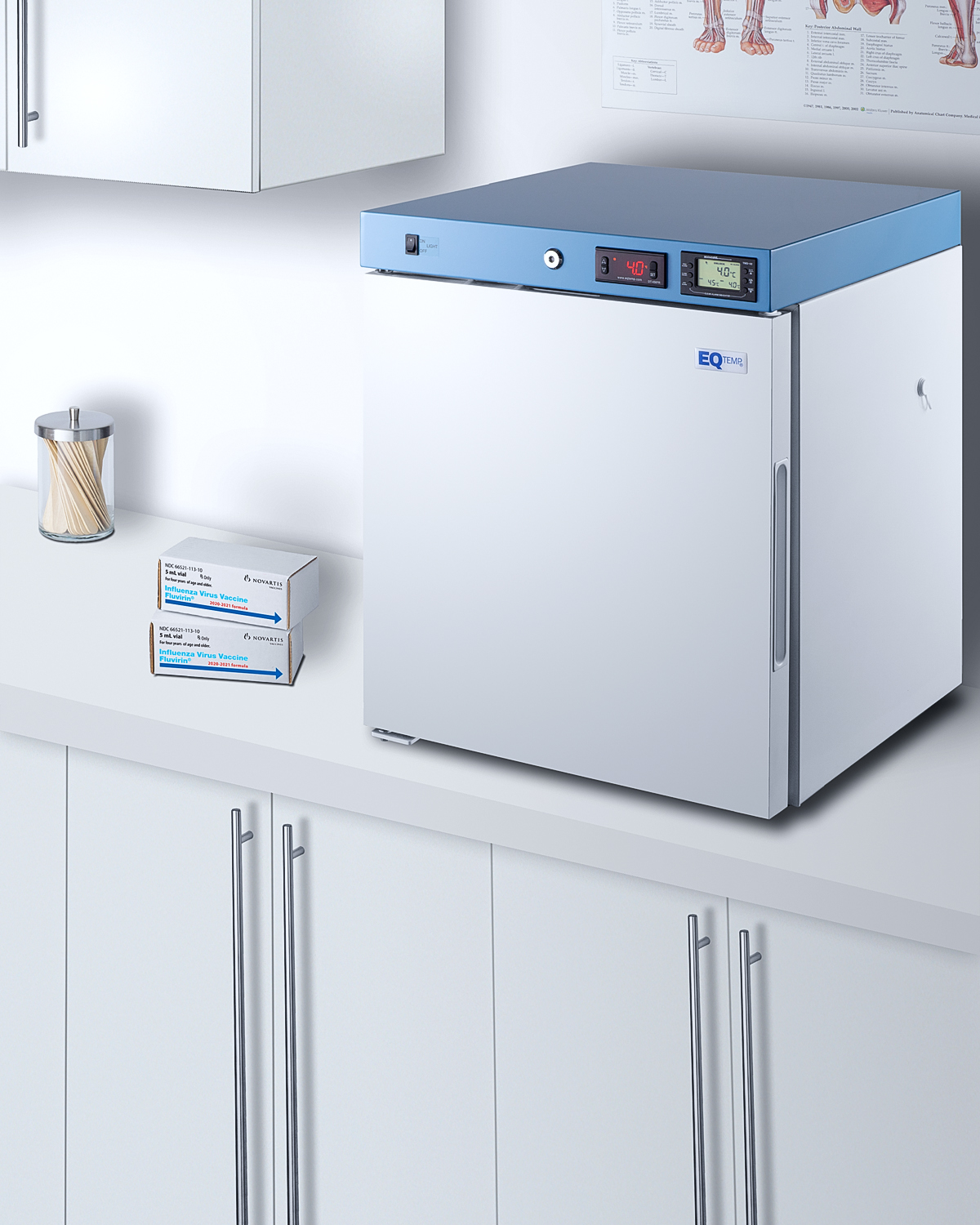 Compact healthcare all-refrigerator with self-closing glass door, front lock, digital controls, and external temperature readout